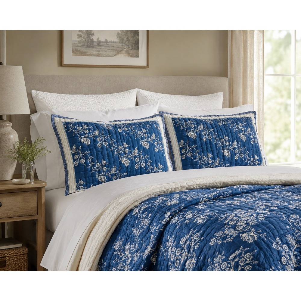 Pottery Barn Quilted Pillow Shams Standard Blue Botanical Cottage Shabby Chic